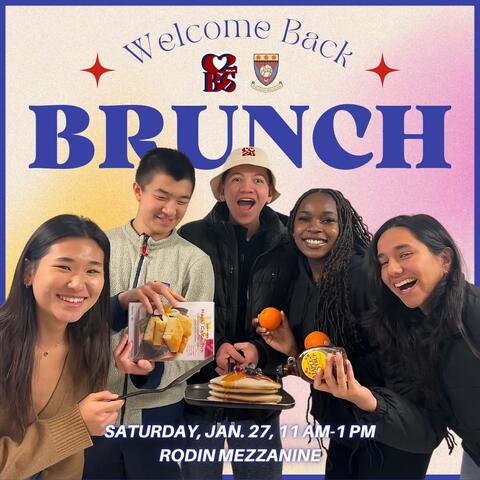 Five class board leaders smile and hold breakfast foods under the phrase "welcome back brunch" in navy blue.